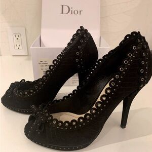 Dior shoes, heels, open toe, black, suede